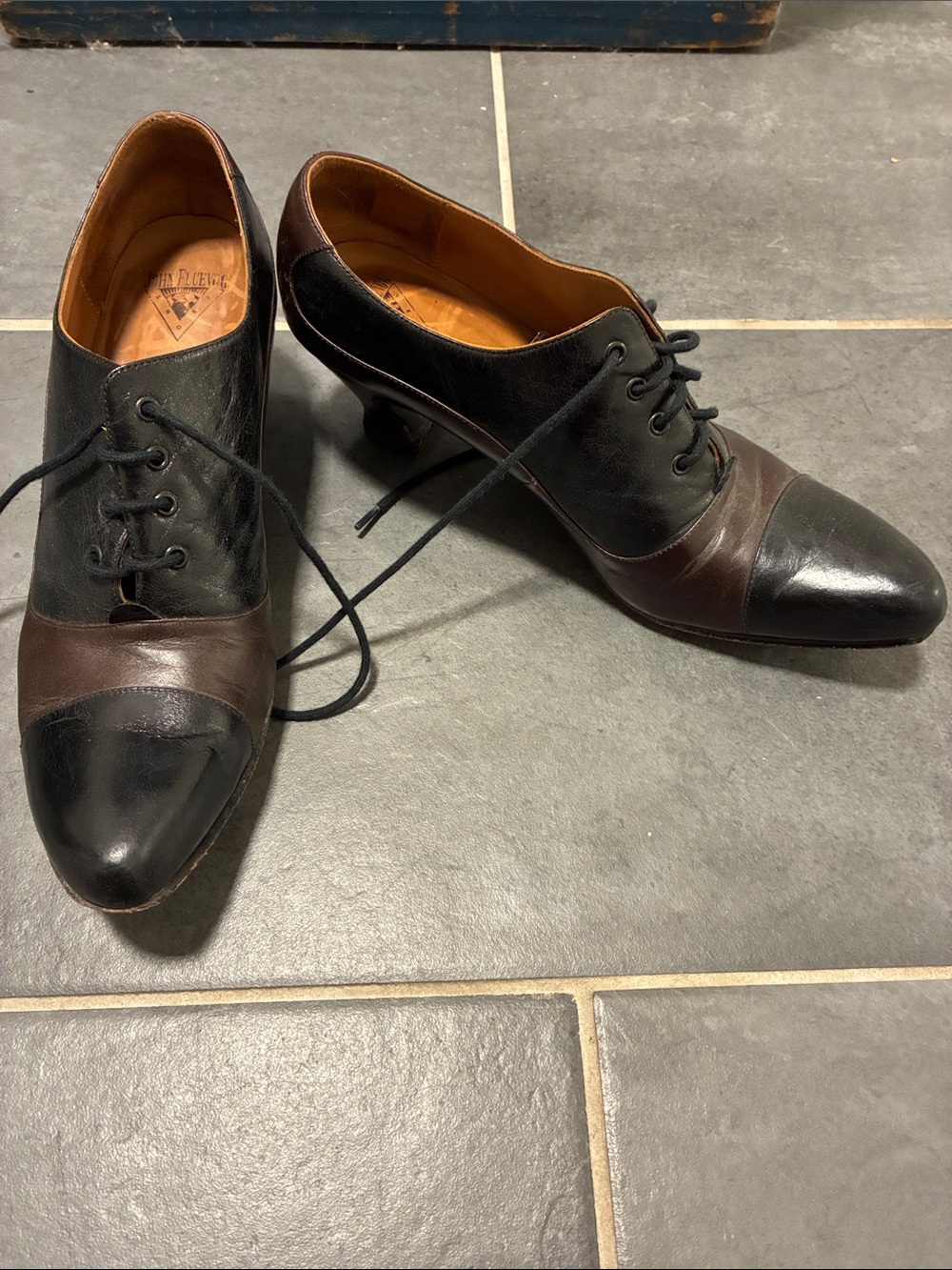 John Fluevog Two-Tone Black and Brown Leather Oxford Heels
